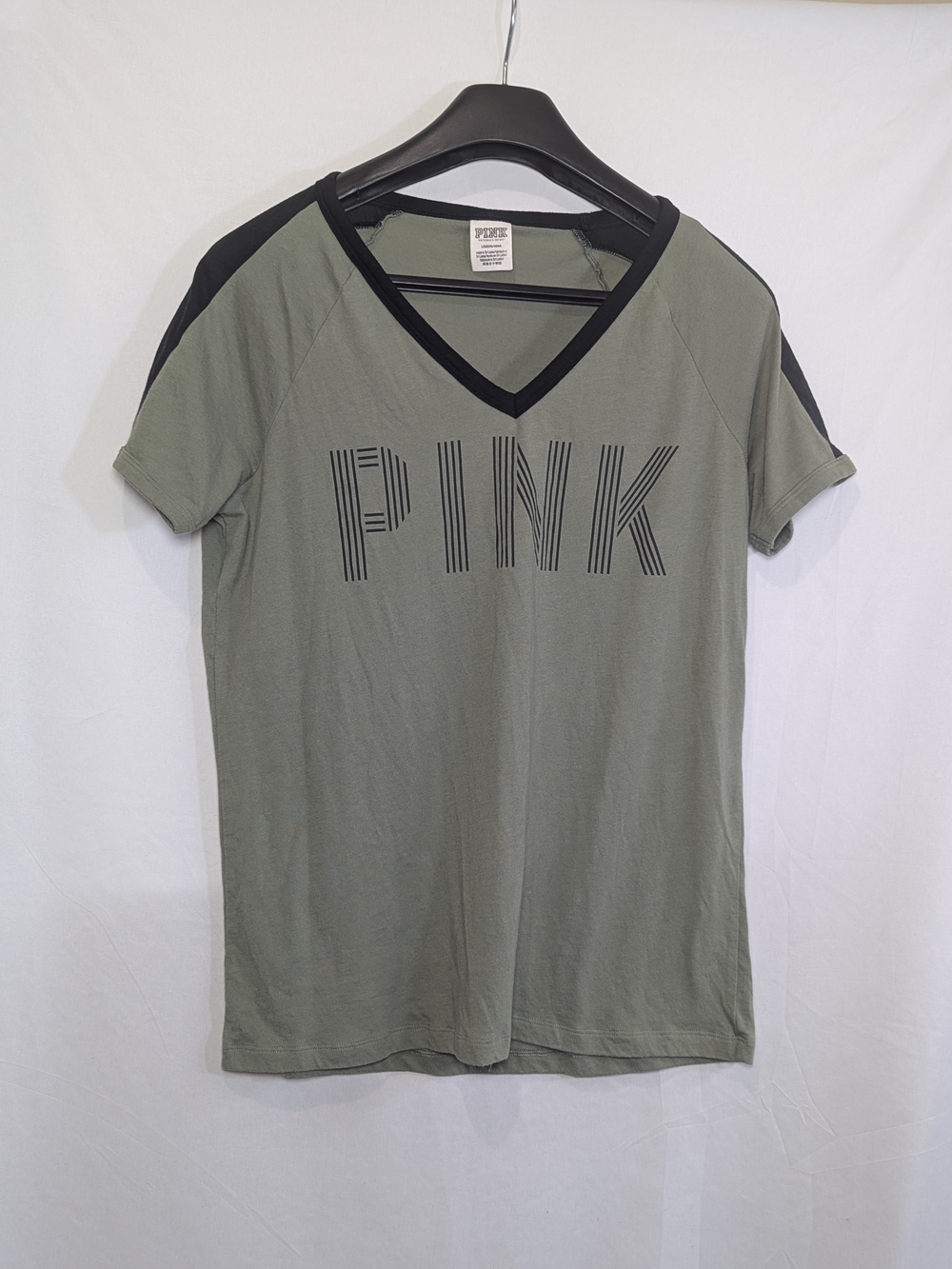 PINK Victoria’s Secret Olive Green & Black V-Neck T-Shirt | Women’s Casual Graph